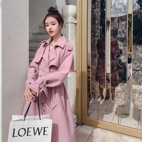 2021 Autumn Womens Trench Coat Double-Breasted Long Korean Chic Pink Windbreaker With Belt Plus Size Elegant Female New Fashion