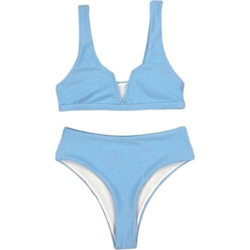 2021 New Products Women Sexy 2-piece Blue Solid Colors Sport Swimming Suit Summer Fashion Sleeveless V-neck Top and Bottom Suit