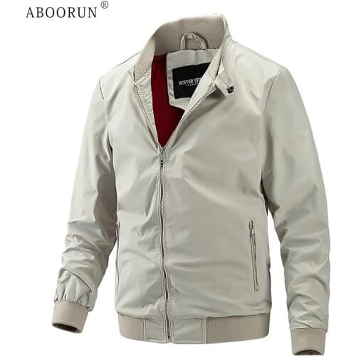 ABOORUN Mens Casual Spring Autumn Jacket Solid Cotton Business Slim fit Coat Bomber Jacket for Male