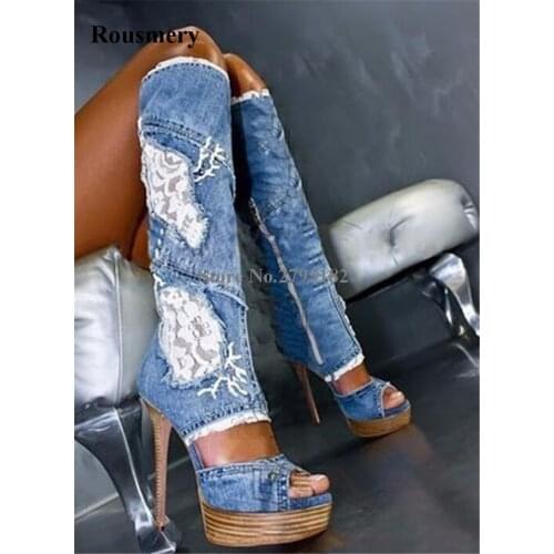 Brand Fashion Women Peep Toe Blue Denim High Platform Thin Heel Knee High Gladiator Boots Sexy Slim Long High Heel Jean Boots
