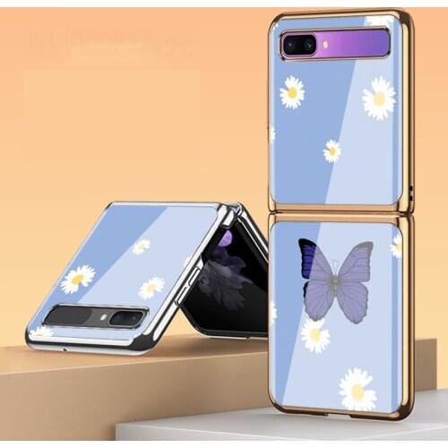 Z Flip Funda Case for Samsung Galaxy Z Flip Purple Butterfly Pattern Plating Tempered Glass Shell Coque Phone Case Cover Z Flip
