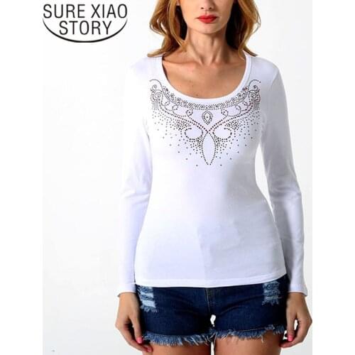 Cotton Autumn 2019 New Large Womens Blouse with Diamond Slim Fit Shirt Long Sleeve Plus Size Women Blouse Camisas Mujer 7886 50