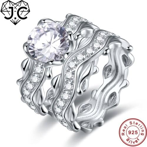 J.C New Come Beauty Sapphire & White Topaz 925 Solid Sterling Silver Ring Size 6 7 8 9 Women Wedding Bands Fine Jewelry Ring Set