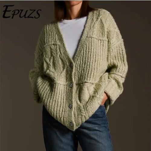 Vintage V-Neck Oversize Green Knitted Sweater 2020 Women Fashion Slim Long Sleeve Warm Cardigan Sweater Casual Loose Chic Top