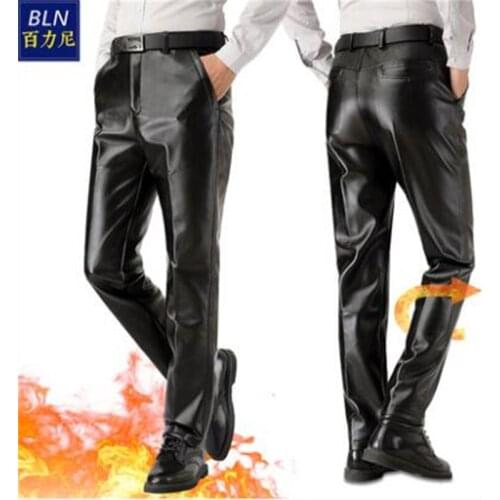 Leather pants mens plus velvet thicken middle-aged large size loose motorcycle windproof and waterproof high-waist PU trousers