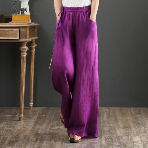 Summer Vintage Double Layer Cotton Linen Pants Girls Loose Long Purple Wide Leg Pants Plus Size Elastic Casual Trousers Women