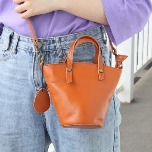 Feature Vintage Small Bucket Bags Women Natural Genuine Leather Female Handbags Luxury Tote Ladies Shoulder Crossbody Bags Mini