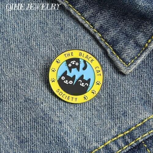 QIHE Jewelry Black Cat Humane Society Enamel Pins Witchcraft Cute Brooches Badges Fashion Pin Gifts for Friends Wholesale