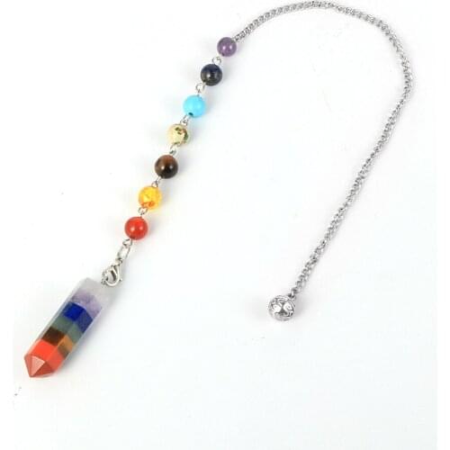 Natural Stone 7 Chakras Quartz Bullet Pendant Hexagonal Column Pendulum Fortune-Telling Pendule Healing Reiki Dowsing Divination
