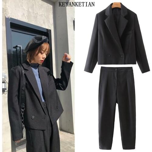 KEYANKETIAN Spring and autumn new womens long-sleeved double-breasted slim suit jacket straight black trousers womens suit