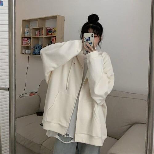 Solid White Jacket Girl Autumn Zipper Tops Hooded Coat Women Casual Oversize Tracksuit Hoody Female Funny Harajuku Basic Hoodies