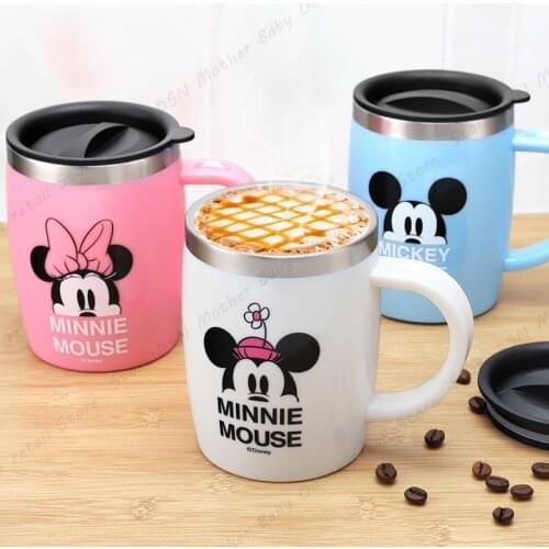 Genuine Disney Mickey Minnie 420ML Cartoon Men Cups Dual-use Office Mugs Women Portable Pupils Stainless Steel Kettle Leak-proof
