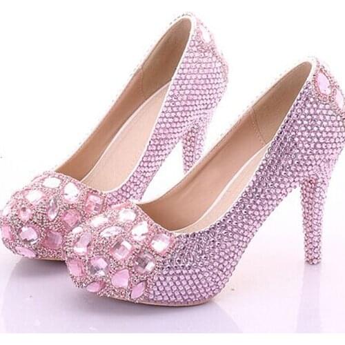 Sexy Luxury Pink Candy Color Pumps Rhinestone Princess Bridal Wedding Shoes For Woman High heel Woman Shoe Graduation Prom Shoes