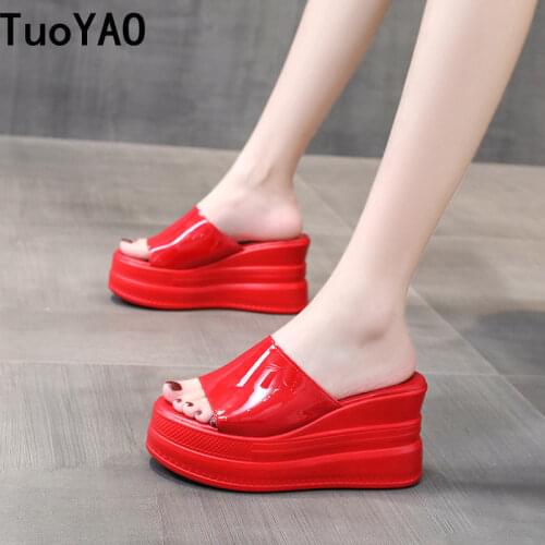 New Summer Women Slippers 2020 Platform High Heel Shoes 9CM Wedge Sandals Non-slip Ladies Leather Flip Flops Summer Beach Shoes