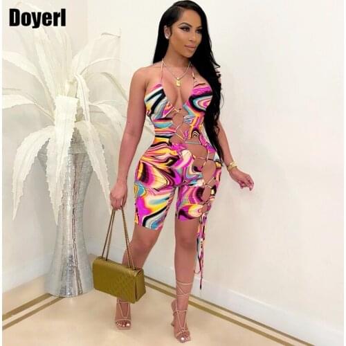 Sexy Hollow Out Jumpsuit Women Party Night Club Outfits for Women Playsuit Lace Up Bandage Romper Shorts One Piece Jumpsuit 2021