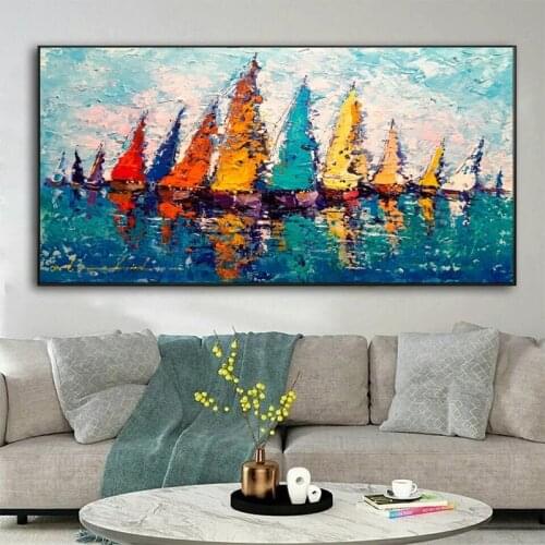 Modern Sailboat Colorful Oil Painting Printed on Canvas Big Size Nordic Wall Picture for Living Room Landscape Canvas Painting