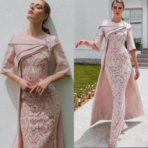 Sheath Dubai 2020 Evening Dresses with Cape Blush Pink Lace Applique Stain Half Sleeve Prom Dress Floor Length Formal Party Gown