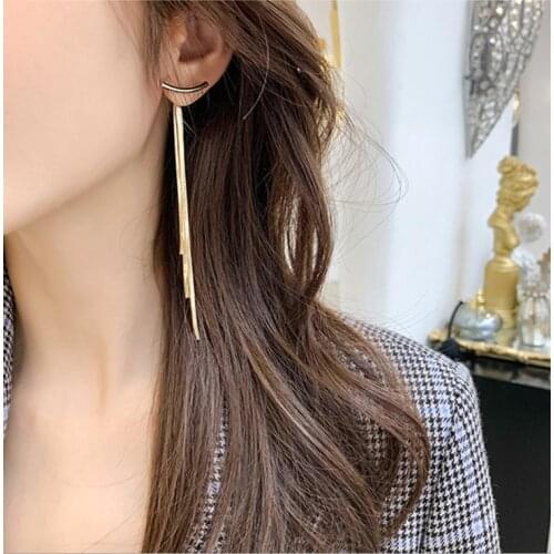 Vintage Gold Color Bar Long Thread Tassel Drop Earrings for Women Glossy Arc Geometric Korean Earring Fashion Jewelry 2020 New