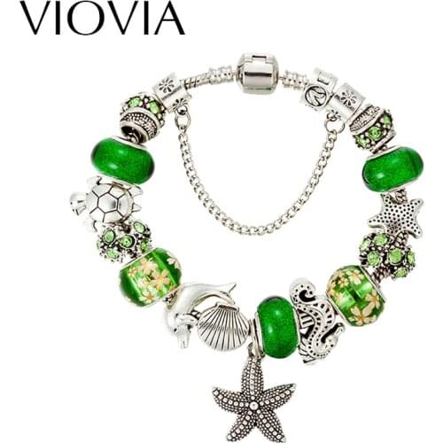 VIOVIA New European Antique Silver Color Starfish Glass Beads Charms Bracelet Green Bracelet for Women Authentic Jewelry B16036