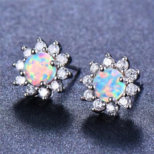 Bamos Blue/White Fire Opal Sunflower Stud Earrings Rainbow Rhinestone Earrings For Women Silver Color Fine Jewelry