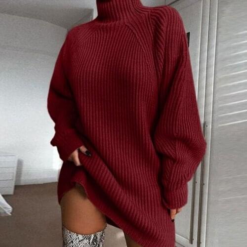 Women Autumn Raglan Sleeve Turtleneck Midi Long Sweater Dress Ribbed Knit Solid Color Oversized Loose Jumper Streetwear