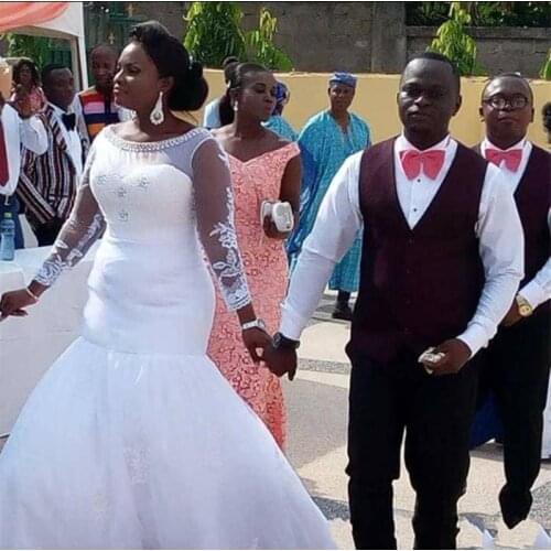 African Bridal Gowns Tulle Mermaid Pearl Beading Vestidos de novia Plus Size Wedding Dresses Long Sleeves wedding gown 2021