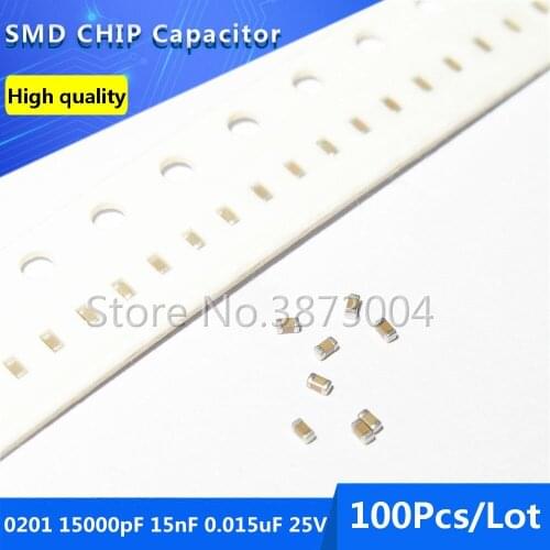 100pcs 0201 15000pF 15nF 0.015uF 25V X7R 10% Thick Film Chip Multilayer Ceramic Capacitor