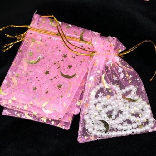 100pcs 9x12cm Drawable Organza Bags Star Moon Pink color Wedding Christmas Gift Bag Jewelry Packaging Bags Pouches