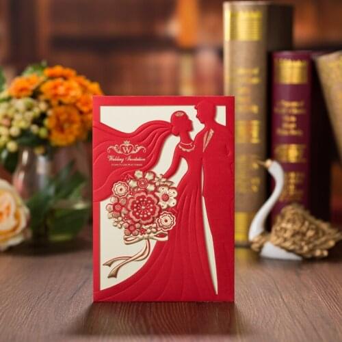 20 pieces/lot) Laser Cut Red Wedding Invitations Card Bride And Groom Greeting Cards With Envelope Wedding Party Supply CX068