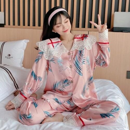 2021 Spring Summer Silk Satin Long Sleeve Pajama Sets for Women Korean Cute Lace Sleepwear Pyjamas Homewear Pijama Mujer Clothes