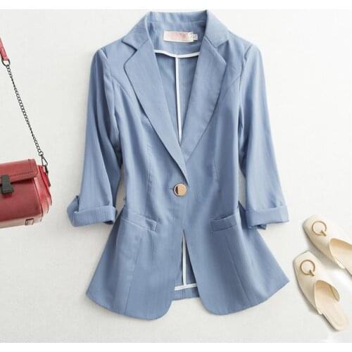 2021 Spring Summer New Small Suit Jacket Woman Slim 3/4 sleeve Thin All-match Coat Single button Elegant Female Short Balazers