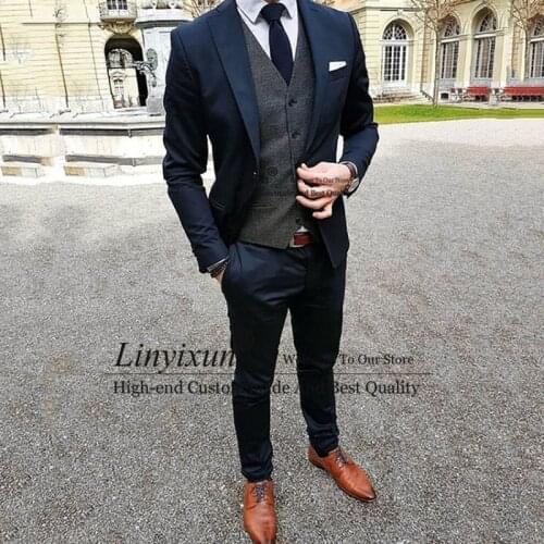 Navy Blue Suit Men Slim Fit Prom Party Smart Business Blazer Men Tailored Groom Dress Tuxedo Wedding Suits Terno Masculino 3 Pcs