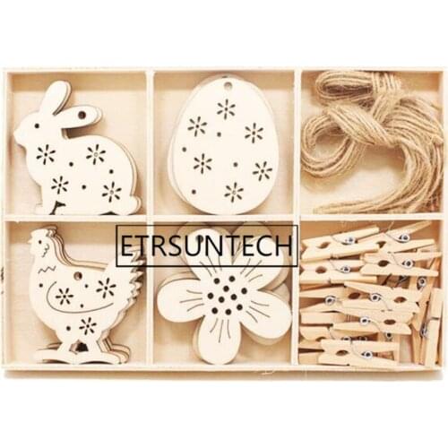 50sets Easter Decor Wooden Rabbit Egg Bunny Pendant Ornaments Hanging Tag With Box Easter Party Supplies for Home DIY Prop