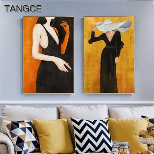 Abstract White Hat Black Dress Women Canvas Art Long Hair Sexy Girl Poster and Print for Living Room Beauty Cuadros Big Wall Art