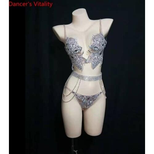 Modern Women Singer Shine Diamond Bra Adults Belt Shorts Set Pole Jazz Disco Dancing Performance Costume Stage Training Clothes