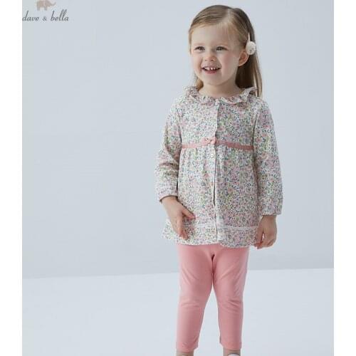 DB17693 dave bella spring baby girls cute bow floral print clothing sets kids fashion long sleeve sets children 2 pcs suit