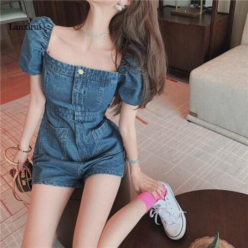 Square Neck Denim Jumpsuit High Waist Slim Shorts One-shoulder Jumpsuit Button Zipper Pocket Romper Plus Size Blue/Light Blue