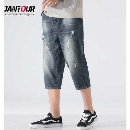 Jantour Brand Summer Calf-lenth Pants Hole Denim Shorts Mens Cotton Shorts Trend Retro Hip Hop Baggy Jeans Plus Size 38 40 42