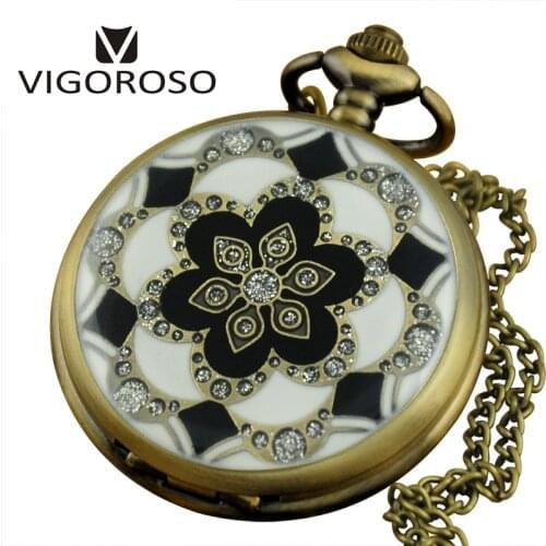 Crystal Quartz Pocket Watches Pendant Long Necklace Men Gifts Vintage Bronze Retro Quartz Pockets Watches