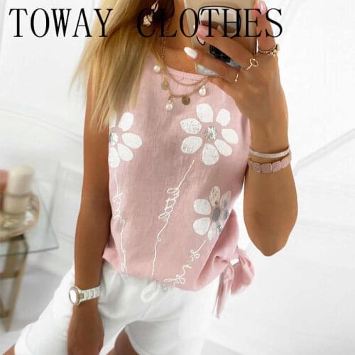Women Round Neck Summer Tied Side Detail Casual Tank Top Floral Pattern Fashion Camisole Women