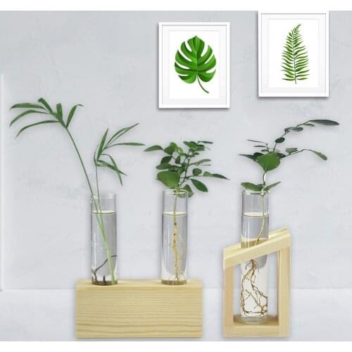 Desktop Glass Vase Wall Hanging Transparent Glass Planter with 2 Test Tubes and Wooden Stand Rack Home Office Decoration