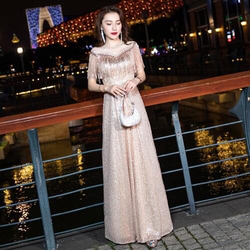 Sexy V-Neck Sequins Tassel A-Line Evening Dress Women Back Zipper Formal Gowns Robe De Soiree Cheongsam 3XL