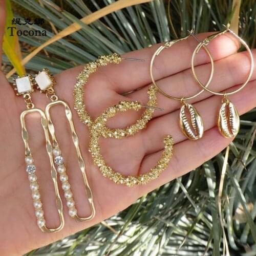 Tocona Charms 6pcs/sets Summer Shell Drop Earrings for Women Gold Geometric Pearl Square Bohemian Jewelry Wholesale pendient8649