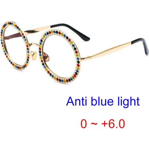 Luxury Rhinestone Hyperopia +2.25 +3.5 +6.0 Round Transparent Blue Protection Glasses Retro Big Designer Women Reading Eyewear