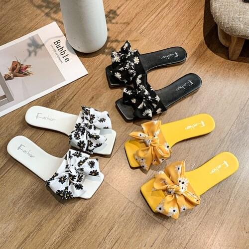 Summer Womens Flat Slippers Oversized Bow Decoration Slides Outdoor Slippers Ladies Open Toe Beach Slippers Plus Size 35-42