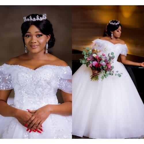 Sequins African Wedding Dresses Plus Size Ball Sheer Neck Cap Sleeve Flower Lace Bridal Gowns Custom