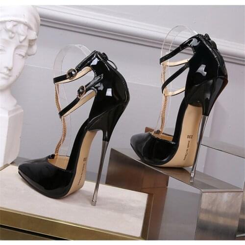 Crossdresser shoes zapatos mujer 16cm thin heels Sandals women wedding Pumps Bridal Buckle Patent Leather Stiletto Drop shipping