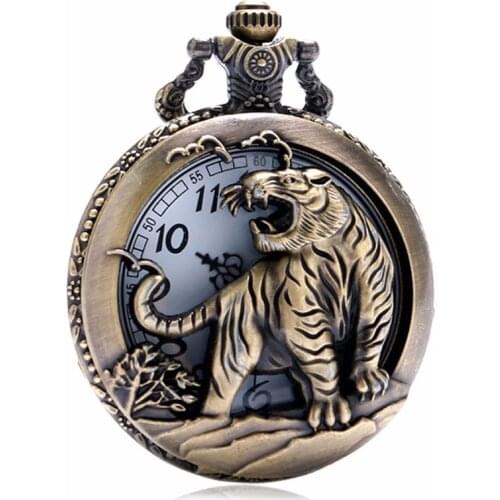 Vintage Hollow Tiger Design Pocket Watch Case Bronze 3D Quartz Clock With Necklace Chain Gift for Pendant Watches Men Women