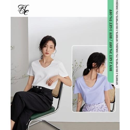 FANSILANEN Office Lady 100% Cotton V-neck Short Sleeve T-shirt Women Summer 2021 New Casual Loose Tops Women Clothing
