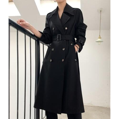 Te025 Female Solid Loose Casual Windbreaker Jacket Womens Temperament Lapel Double-breasted Trench Coat With Pockets ветровка